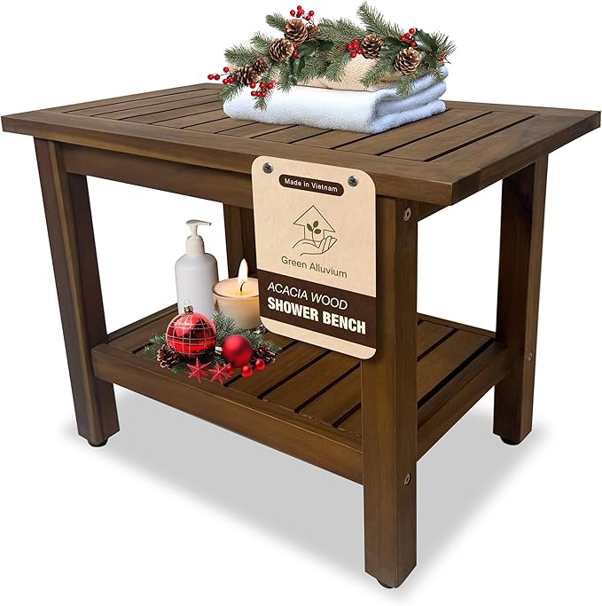 GREEN ALLUVIUM 24 inch Acacia Wood Shower Bench with Storage Shelf - Waterproof Sturdy Shower Stool - Shower Seats for Adults and Elderly - Bathroom Bench 350 lb Capacity