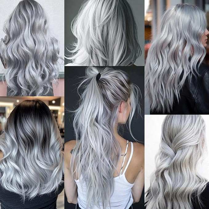 Colored Hair Extensions 14 PCS, 22 In Light Grey Clip in Hair Extensions Party Highlights, Colorful Long Straight Synthetic Hairpieces for Girls Women Kids Gift(Sliver Gray)