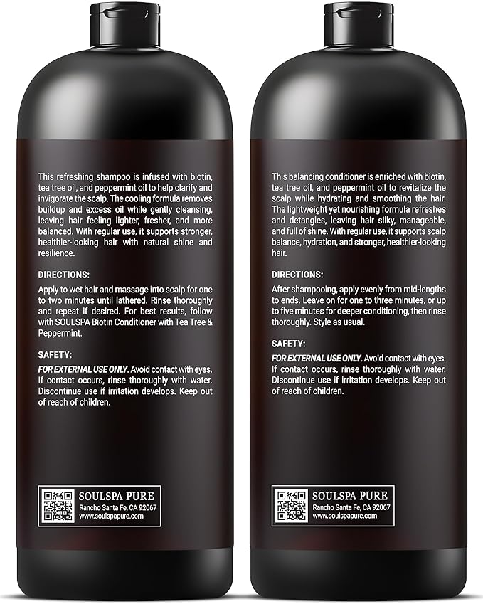 Biotin Shampoo and Conditioner Set for Men & Women with Tea Tree & Peppermint | Sulfate Free Scalp Care & Hair Strengthening System for Thinning, Color Treated & Dry Hair – 16 floz Each | SOULSPA PURE