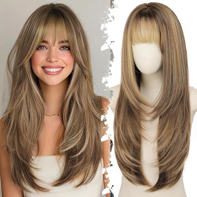Long Brown Blonde Highlight Wig with Bangs for Women 4x4 Realistic Scalp,Free Parting,Layered Hairstyle Synthetic Heat Resistant for Daily Party Use 26 inch