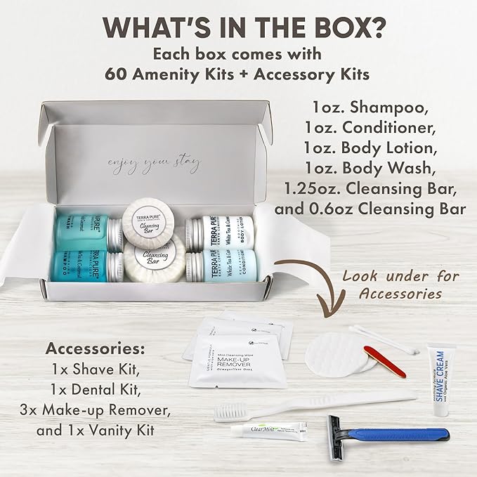 Terra Pure White Tea & Coconut Amenity & Accessory Kit |1oz Travel Size Shampoo, Conditioner, Lotion, Body Wash, 2 Cleansing Bars, Shave & Dental Sets, Make-Up Remover Wipes, & Vanity Kit | 60 Boxes