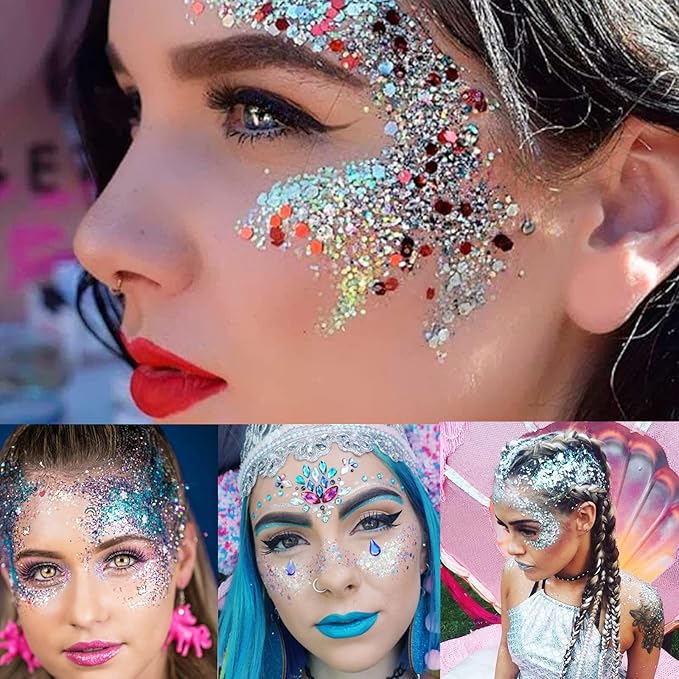 MEICOLY Red Face Glitter,Halloween Hair Glitter Gel,Stocking Stuffers for Christmas,Sparkling Glitter Face Paint,Festival Rave Accessories Glitter Makeup,Mermaid Body Glitter Gel for Women Kids