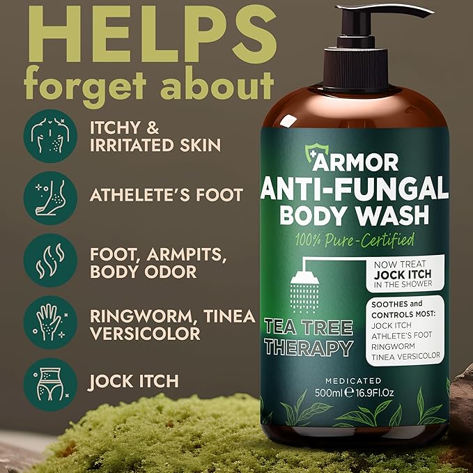 Antifungal Body Wash with Tea Tree Oil | Antifungal Soap for Back Acne,Treats Ringworm, Eczema & Jock Itch | Antifungal Body Soap For Men And Women | Includes Silicon Scrubber (16.9 oz)