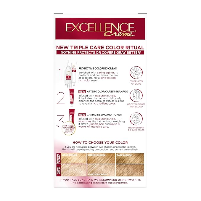 L'Oreal Paris Excellence Crème Permanent Hair Dye, Triple Care Hair Color with Hyaluronic Acid for 100% Gray Coverage, 9 Light Natural Blonde, 1 Kit (Packaging May Vary)