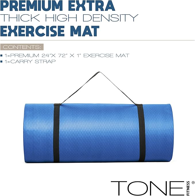 Tone Fitness 1-Inch Thick Yoga Mat | High-Density, Non-slip Exercise Mat with Carrying Strap for Yoga, Pilates, & Home Gym Workouts | Multiple Options