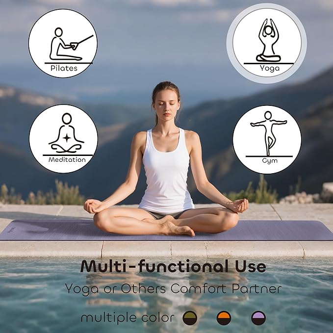 Non-slip TPE Yoga Mat for Women & Men,72"x24" Double-Sided Workout Mat for Home Gym Pilates Fitness,1/4 Inch Packable Lightweight Exercise Mat with Strap for Travel,Non Toxic Exercise Floor Mat