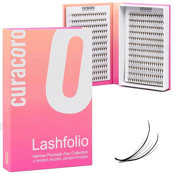 Curacoro LashFolio Double Spike Promade Fans, Handmade Volume Eyelashes, 5D To 10D, C CC D Curl, 0.03~0.07mm, 8-13mm Mix Length, Professional Long-Lasting Promade Lash Fans (7D-0.05 D 8-13mm)