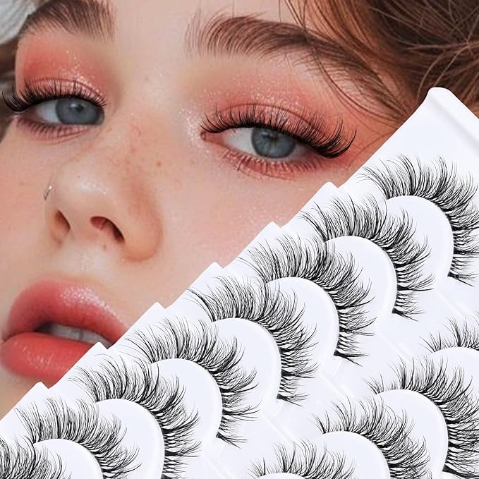 Veleasha Cat Eye Lashes Wispy False Eyelashes with Clear Band Natural Look Eyelashes Looks Like Lash Extensions CC Curl Soft Fake Lashes Strips Lashes 10 Pairs Pack (Everyday Essentials)