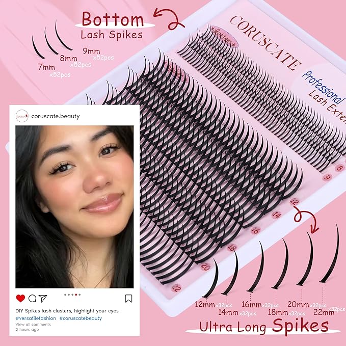 CORUSCATE Lash Clusters with Spikes Ultra Long 12-22mm Lash Spikes 7-9mm Bottom Lashes Supply Cluster Eyelash Extensions For Pros Multi-Eye Lash Styles DIY Eyelashes for Manga/Spiky/Mega Look