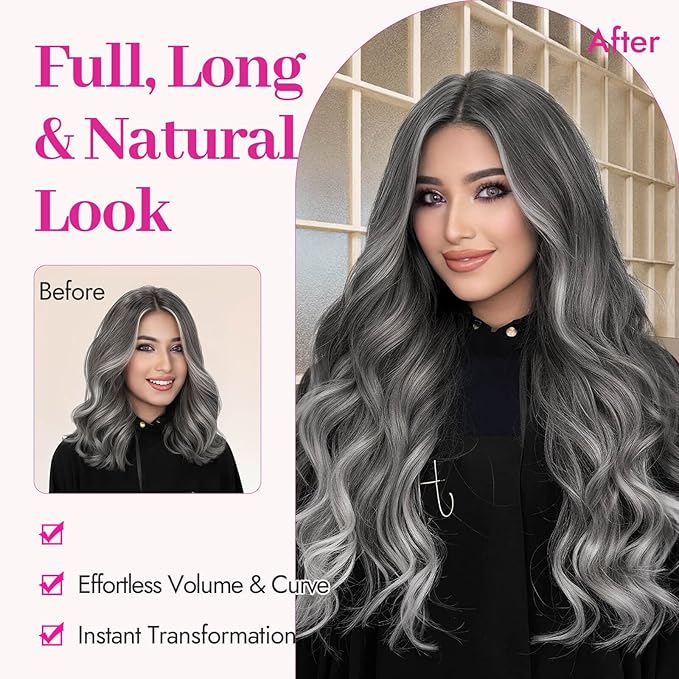 Kookastyle Clip in Hair Extensions, Natural Long Layered Soft Invisible Synthetic Curly Hairpieces for Women,4 pcs(20 Inch，Grey/Sliver Mixed)