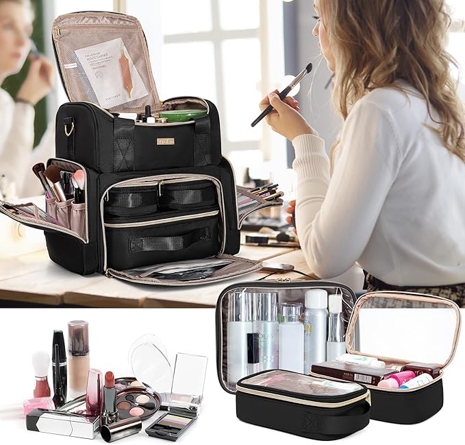 Prokva Large Cosmetic Bag with 3 Removable Case, Double Layer Travel Organizer with Inner Dividers and Makeup Brushes Storage Section, Black (Patented Design)