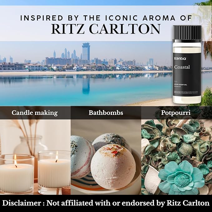 Scentia Coastal Fragrance Oil Inspired by Ri.tz Carl.ton Hotel - 50 mL 1.69 fl oz - Essential Oil Blend Botanical Jasmine, Bergamot & Fresh Marine Notes for Ultrasonic & Aromatherapy Diffusers