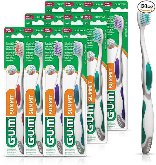 GUM Summit+ Soft Toothbrush, Ultra Fine Tapered Bristles for More Effective Plaque Removal, Extra Soft Toothbrushes for Adults, 1 Count (Pack of 120)