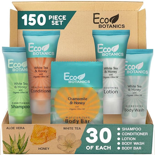 Eco Botanics Hotel Soaps & Toiletries Bulk Set | 1-Shoppe Amenities Kit | 0.85oz Shampoo & Conditioner, Body Wash, Lotion, 0.89oz Bar Soap | Travel Size | 150 Pieces
