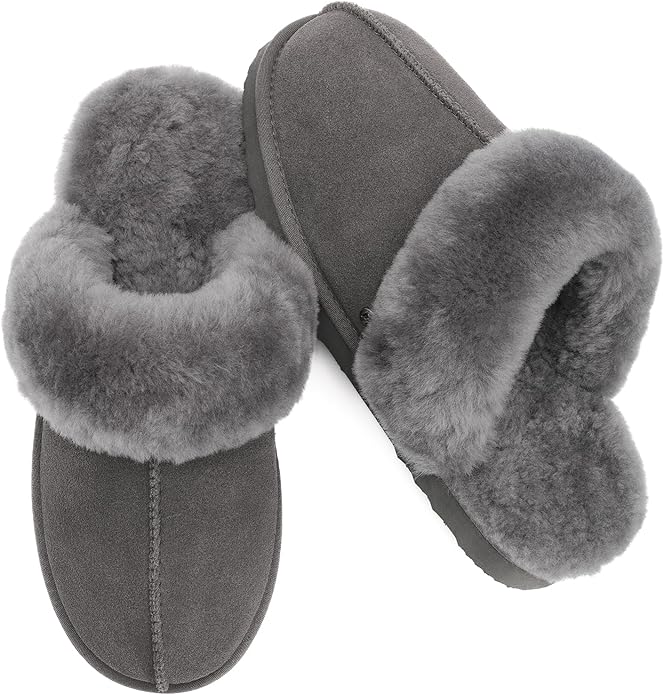Parfeying Women's Shearling Slippers Genuine Leather with Rubber Sole, Sheepskin Fuzzy Indoor Outdoor Shoes for Home