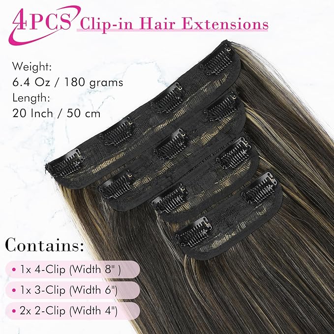 REECHO 20" Straight Long 4 PCS Set Thick Clip in on Hair Extensions Dark Brown with Blonde Highlights