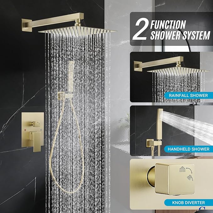 IUERASD Shower Faucet set with Shower head, Wall Mount 10 Inch Square Rainfall Shower Head and Handle Set Single Handle Shower System Set with Female Threads Valve Body and Trim Included (Brush Gold)
