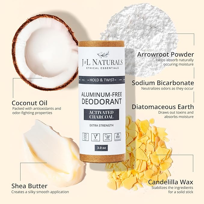 J&L Naturals Aluminum Free Deodorant for Men & Women | 100% Natural Ingredients With Coconut Oil, Shea Butter, & Essential Oils | Sustainable, Eco-Friendly (Activated Charcoal, 3.0 Oz (Single))