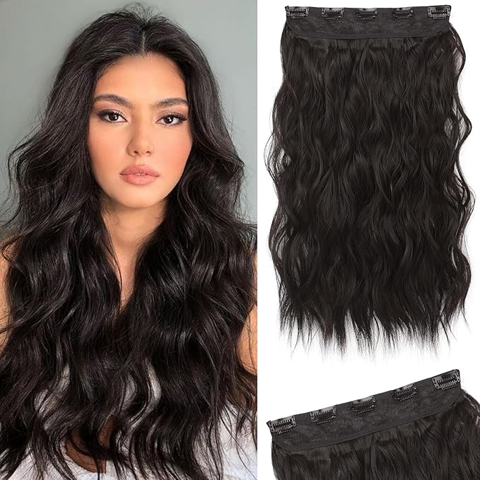 REECHO Clip in Hair Extensions, 20” One Piece Hair Extension Clip in Wefts Long Thick Beach Wavy Natural Soft Synthetic Hairpieces for Women, Black Brown