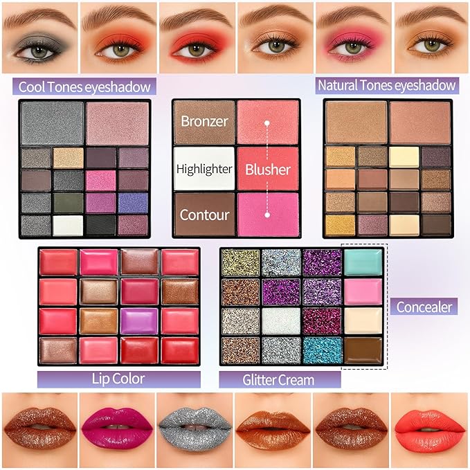 74 Colors Makeup Palette with 10-Piece Makeup Brush Set – All-in-One Full Face Makeup Kit, Eyeshadow, Lip Color, Blush & Contour Set, Gift for Women