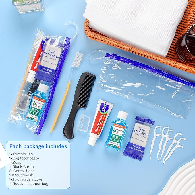 Personal Hygiene Kit Bulk Pack of 100,Yellow Basic Travel Toiletry Set Disposable Toothbrushes with Toothpaste Mouthwash Floss Comb Cover and Zip Bag for Homeless,Charity,Guests