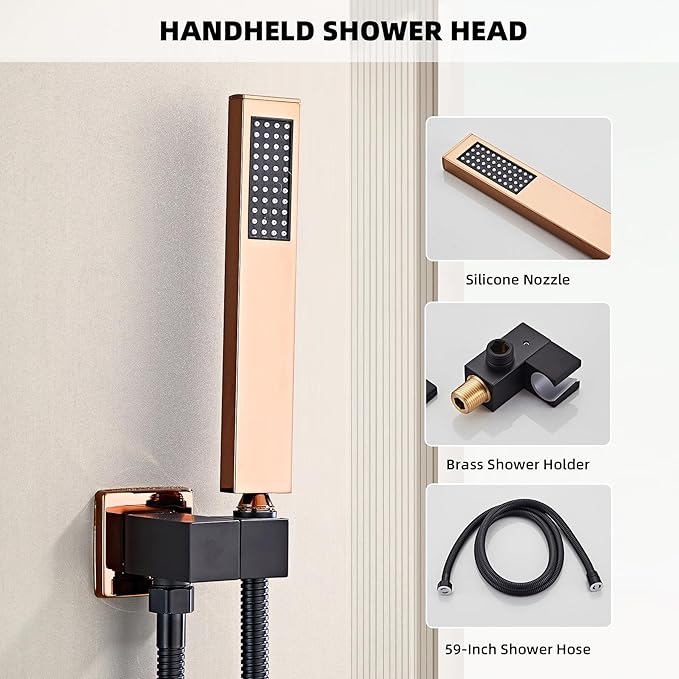 LCEVCGK Shower Faucet Set Complete with Tub Spout Matte Black and Rose Gold Shower System with 10 inch Rainfall Shower Head and Handheld Shower Rain Shower Combo for Bathroom Wall Mounted