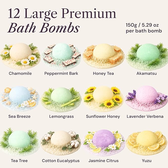 Bath Bombs Set Pack of 12 Pcs Gift Set for Women - Large 150g Oversized Bath Bombs for a Soft Skin Feel, Spa Gift Set for Birthday, Valentine's Day or Mothers Day, Gift Box Idea for Her