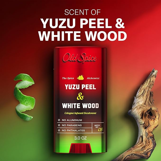 Old Spice Aluminum Free Deodorant for Men, The Spice Alchemist Collection, 24/7 Cologne Infused Scent, No Trade Off Formula, Free of Parabens & Phthalates, Yuzu Peel + White Wood Scent, 3.0 oz