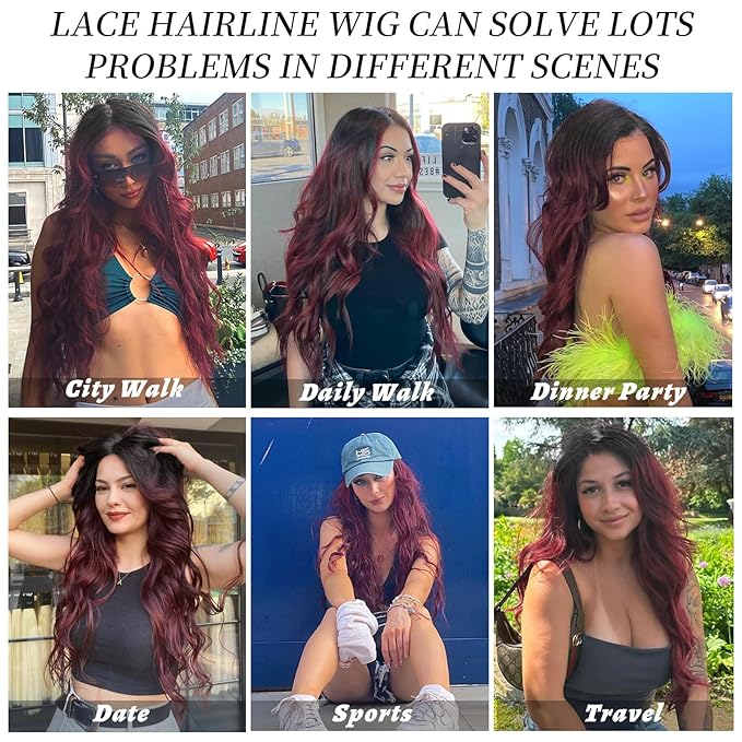 AISI HAIR Wig for Women, Long Red Wavy Lace Hairline Middle Part Synthetic Heat Resistant Wig for Daily Party-26 Inch