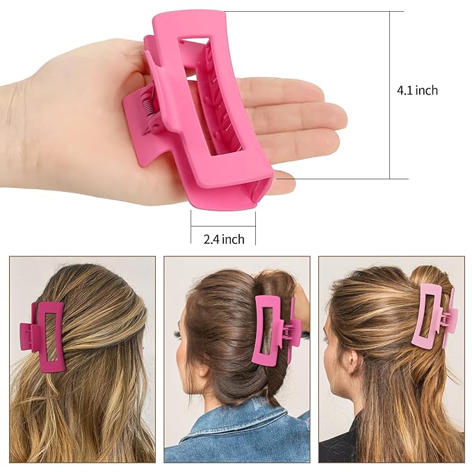4 Inch Big Hair Claw Clips 6 Pcs Large Claw for Thick Hair Square Hair Clips for Women Rectangle Hair Clips Nonslip Acrylic Banana Jaw Clips Hair Accessories for Girls (Pink)