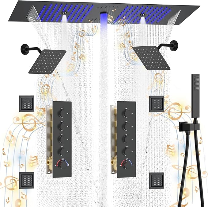 KATAIS Shower System with 12X35 inch Overshower and Dual Side ShowerHead(8 inch), 4 PCS Body Jet and HandHeld Spray, Dual Thermostatic Valve Kit Can Achieve 8 Shower Functions, Matte Black