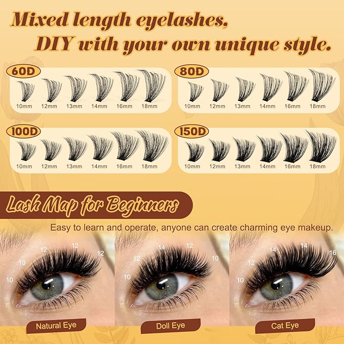 QUEWEL 426PCS Eyelash Clusters 60D+80D+100D+150D Wispy Lash Clusters 10-18mm Cluster Lashes Individual Lashes Clusters Reusable for Natural DIY Cluster Eyelash Extensions for Beginners