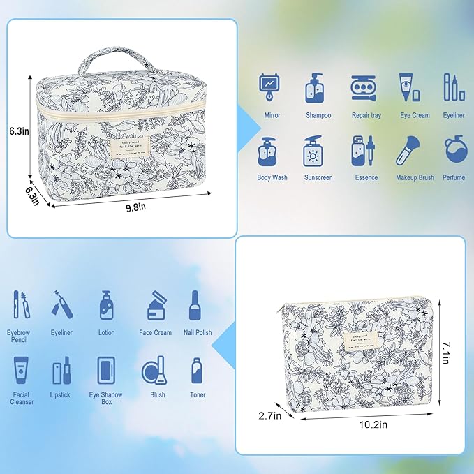 URSKYTOUS 2Pcs Cotton Quilted Makeup Bag for Women Girls Floral Travel Large Small Cosmetic Bag Set Cute Vintage Flower Makeup Pouch Portable Toiletry Bag Organizer Coquette Aesthetic Makeup Brush Bag