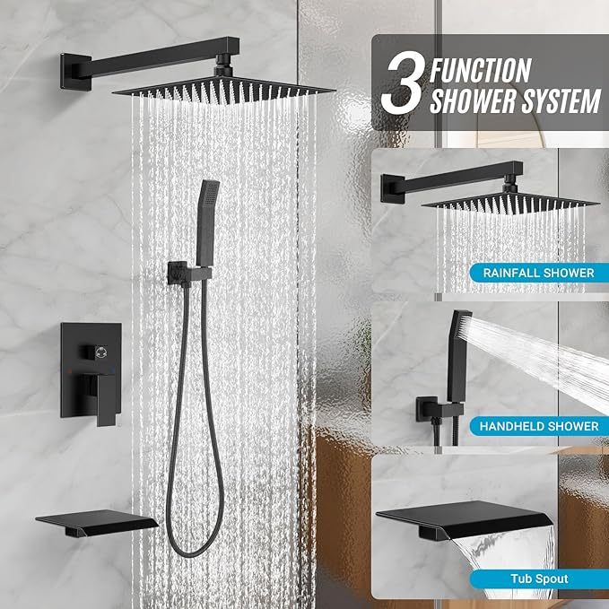 IUERASD Rain Shower Faucet Set Wall Mounted Rainfall with Tub Spout Shower Head System Rough-in Valve Body and Trim Included Black (10 Inches)