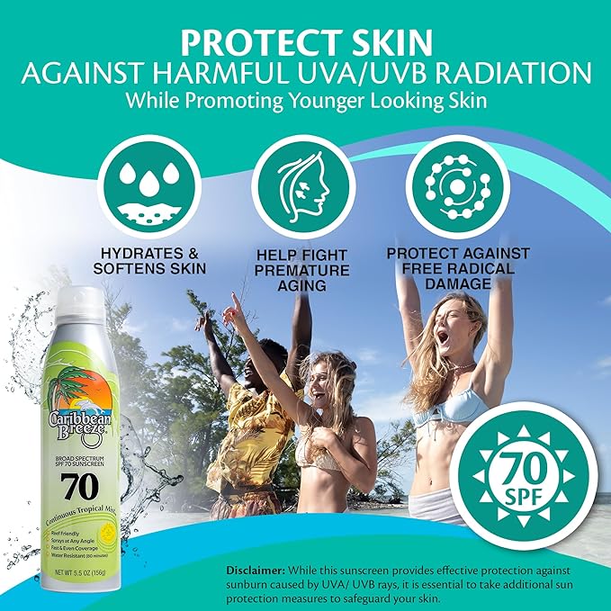 Continuous Tropical Mist Spray Sunscreen SPF 70, Reef Safe Sunscreen Spray, Up to 80 Minutes Water Resistant Sunscreen Face Spray, 5.5 Ounces, 2 Pack