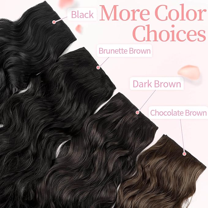 KooKaStyle Clip in Long Wavy Synthetic Hair Extension 20 Inch 4PCS Dark Brown Hairpieces Fiber Thick Double Weft Hair Extension for Women