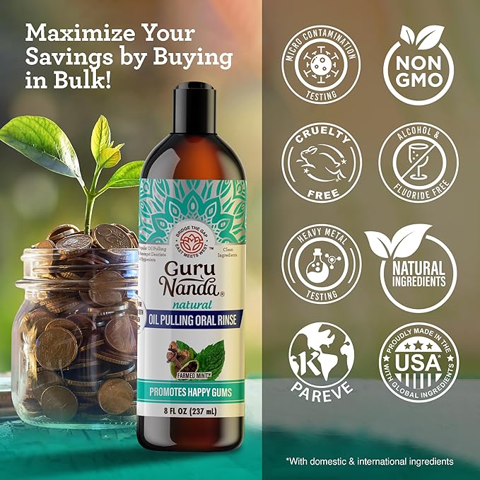 GuruNanda CocoMint Oil Pulling Mouthwash for Complete Oral Hygiene, 7 Essential Oils & Vitamins for Happy Teeth & Gums & Fresh Breath, with 2 Toothbrushes & Tongue Scraper, Alcohol-Free, 6X8 oz