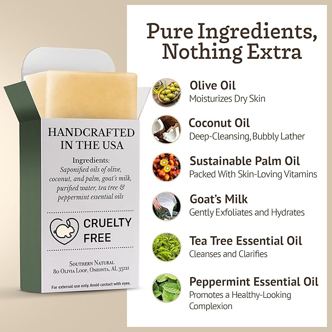 Southern Natural Goat Milk Soap Bar (3 Pack - Tea Tree Peppermint) For Dry, Sensitive Skin. Natural Handmade Soap For Men, Women and Kids. Great For Face & Body.