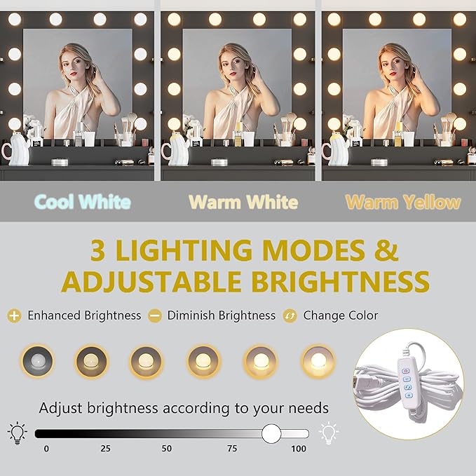 Vanity Desk with Mirror and Lights, 43'' Makeup Dressing Table Set with 5 Drawers & Power Outlet, 3 Lighting Modes Brightness Adjustable, Vanity with RGB Ambient Light for Women Girls Bedroom, Black