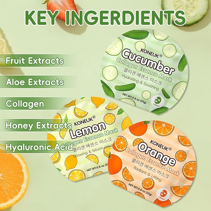 KONEUK 60 Pack Colorful Fruit Face Masks Skincare Set, Bulk Sheet Facial Mask for All Skin Types, Collagen Hydrating Face Mask for Women, Spa Party Gifts and Valentines Day Gifts (6 Types x 10 Pcs)