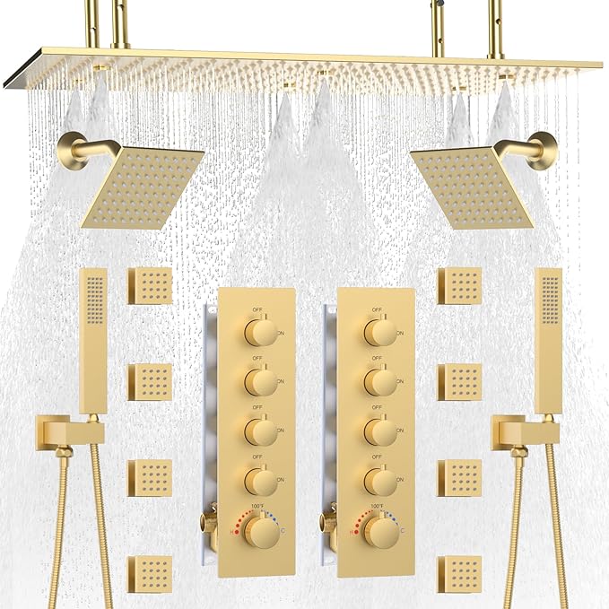 HOMEDEC Dual Shower System for Two, 16x32" Rain & 6" Shower Heads, 4-Way Diverter Valves, Shower Faucet Set with Body Jets & Handheld, Brushed Gold