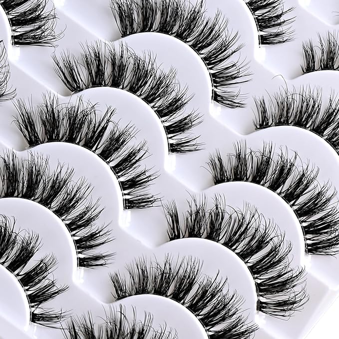 Cat Eye Lashes Natural Wispy Eyelashes 14 Pairs Fake Lashes Strips 8-15mm Short False Mink Eyelash Pack Small Clear Invisible Band Wispies Strip Lash Natural Look