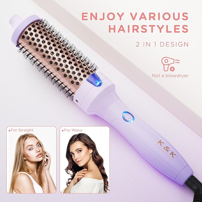K&K 1.5 inch Volumizing Brush Heated Curling Ceramic Tourmaline Ionic Curling Iron Quick Heating Makes Hair Silky Smooth Dual Voltage Travel-Friendly Straightening Round Design (Purple, 1.5 Inch)