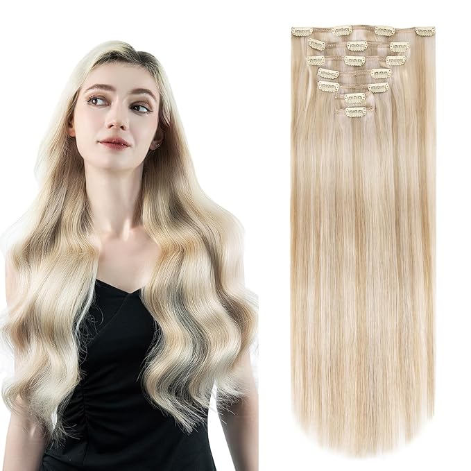 Clip in Hair Extensions Real Human Hair, 100% Remy Hair Extensions Clip Ins, Dark Blonde Highlighted Bleach Blonde Hair Extension for Women, #P18A/613A 18Inch 120G 7PCS