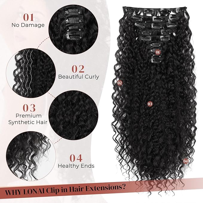 LONAI Black Hair Extension,9PCS 22" Curly Clip in Hair Extensions LN002 Long Soft Thick Synthetic Hairpieces for Women-Black