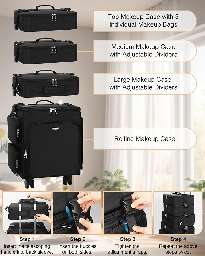 Relavel Rolling Makeup Case, 4 in 1 Hairstylist Traveling Bag with Clear Makeup Brush Case, Cosmetology Case on Wheels Large Hair Tools Cosmetics Train Case Makeup Artist Storage Organizer Trolley