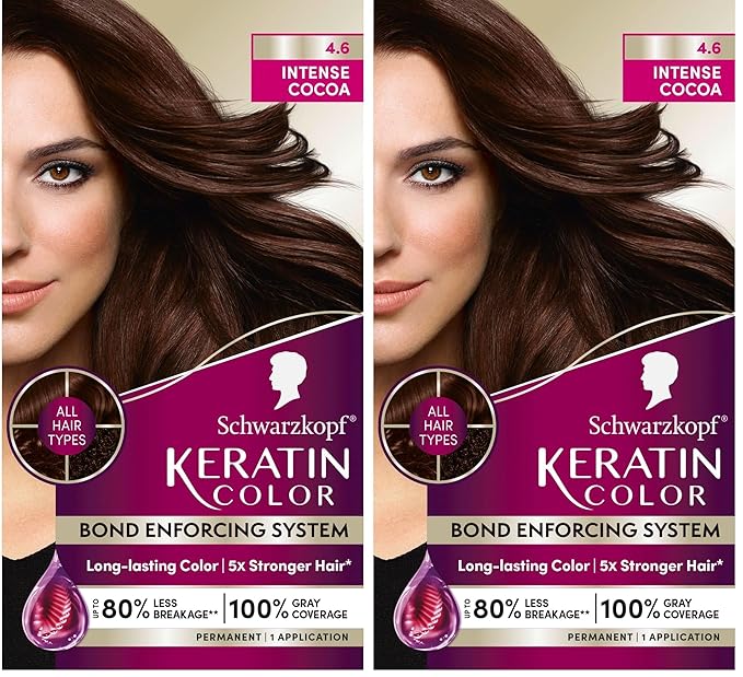 Schwarzkopf Keratin Permanent Hair Dye Cream, 4.6 Intense Cocoa, Professional Quality Color for Up to 100% Gray Coverage, Bond Enforcing System (Pack of 2)