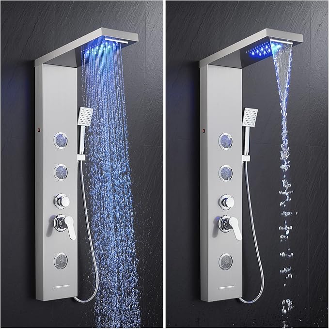 TSIBOMU 5 in 1 Shower Panel Tower System with LED Lights, Rainfall and Waterfall Shower Head, 3 Pcs Adjustable Body Jets, Handheld Shower, Tub Spout (Brushed Nickel)
