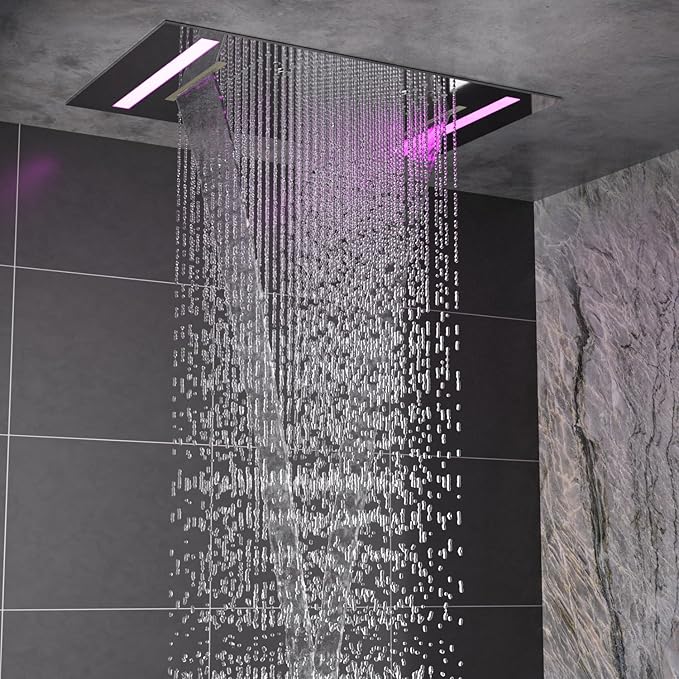 HOMEDEC Luxury 14x20inch LED 3 Functions Rain Shower Head, High-Pressure Rainfall Spray Waterfall Shower Water Filter 3 In 1 Overhead Combo Set, Chrome