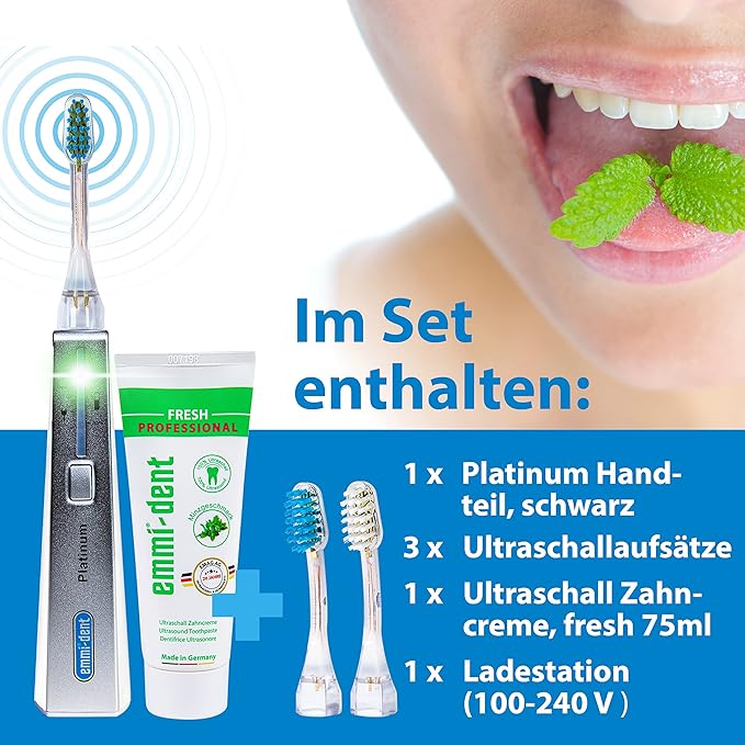 Emmi-dent Ultrasound Platinum Nature Fresh - Bundle. Touchless, Gentle Cleaning for Sensitive Teeth & Gums. Cleans with 100% Ultrasound Technology. No Abrasion, No Brushing, No Damage. Rechargeable.